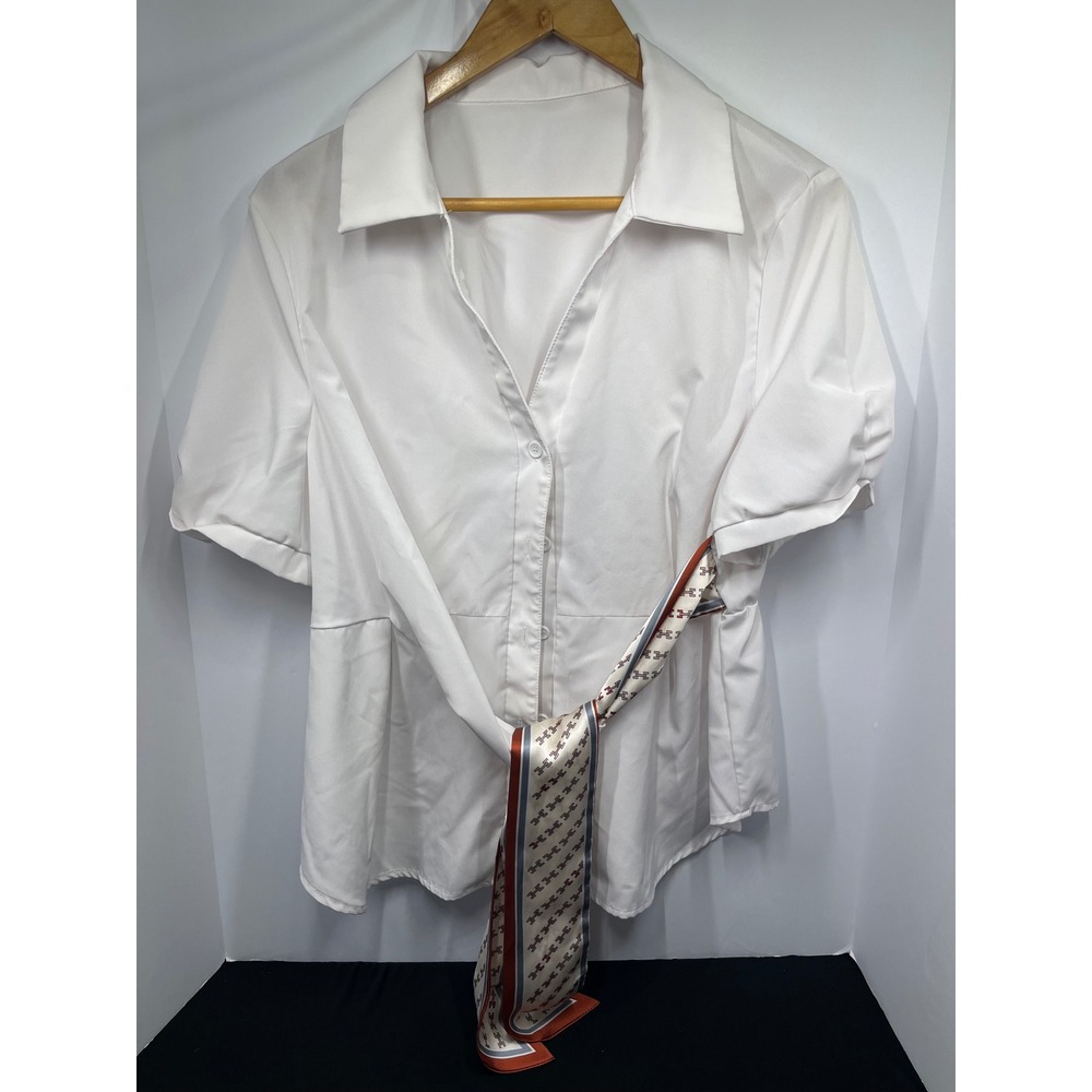 Womens White Short Sleeve Button Down Blouse with Geometric Print Waist Tie